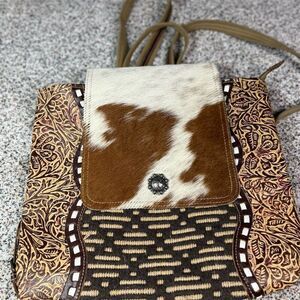 Myra Bag Unisex Brown Embossed Leather & Cowhide Backpack Medium​